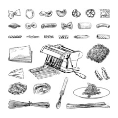 Collection of monochrome illustrations of pasta in sketch style. Hand drawings in art ink style. Black and white graphics.