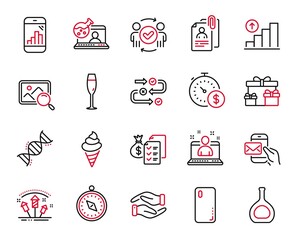 Vector Set of Business icons related to Graph chart, Travel compass and Ice cream icons. Interview documents, Best manager and Messenger mail signs. Graph phone, Approved teamwork. Vector