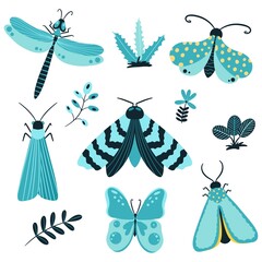 Hand-drawn butterflies, insects and flowers. Moth wings and spring colorful flying insect and beetle. Vector on a white background. © tamatus_art