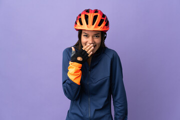 Teenager cyclist girl happy and smiling covering mouth with hand - obrazy, fototapety, plakaty
