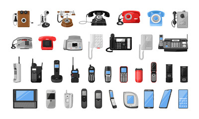 Collection of mobile and stationary telephones. Communication devices. Modern and old telephones.