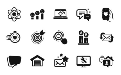Vector set of Favorite mail, Target purpose and Refresh mail icons simple set. Employees messenger, Monitor repair and Atom core icons. Speech bubble, Seo target and Parking garage signs. Vector