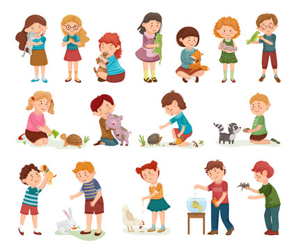 Children with their pets. Cute illustrations with cartoon characters.