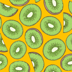 Fototapeta premium Seamless pattern with kiwi fruit. Hand drawn vector illustration. Design, package, brochure illustration. Hand drawn kiwi fruits design template. Organic fresh food vector illustration.