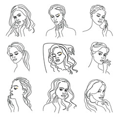 Collection. Silhouettes of a girl's head in a modern one line style. Continuous line drawing, aesthetic outline for home decor, posters, wall art, stickers, logo. Vector illustration set.