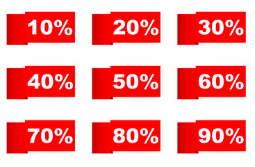 Sale tags with different percentages. Vector illustration. Special offer sale red tags. Sale stickers isolated
