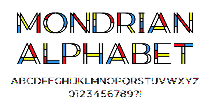 Mondrian style alphabet. Letters and numbers designed in black, blue, yellow and red.