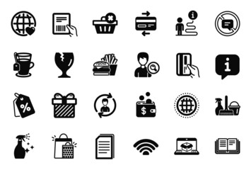 Vector Set of simple icons related to Online delivery, Search people and Parcel invoice icons. Globe, Stop talking and Washing cleanser signs. International love, Human resources and Wifi. Vector