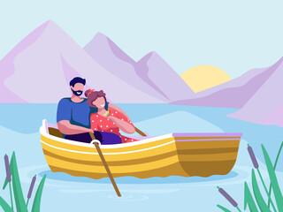 Happy couple enjoying boat ride at sunset mountains lake or river. Lovers travel, chill, relax, hug on romantic date. Man and woman explore nature on weekend. Cartoon vector illustration.