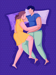 Happy couple lying in a soft bed at night. Lovers share intimacy. Family sleep, dream, hug after sex. Cartoon vector characters illustration. Top view. Dark background