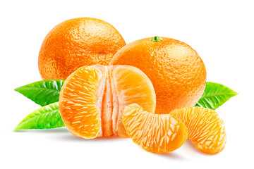 Composition of two tangerines, peeled halves, two peeled cloves and leaves isolated on a white...