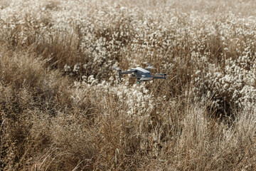 drone with a digital camera flies over a yellow field, modern unmanned technology