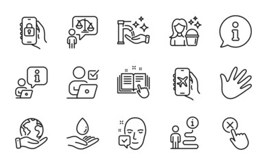 People icons set. Included icon as Technical documentation, Online voting, Flight mode signs. Save planet, Locked app, Lawyer symbols. Washing hands, Hand, Water care. Cleaning line icons. Vector