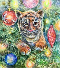 Tiger zodiac symbol of the year 2022. New year and merry christmas illustration. Watercolor year of the water tiger.