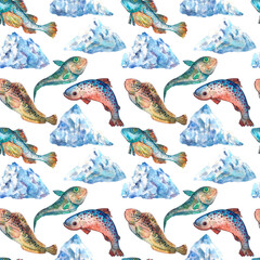 North sea seamless pattern with  iceberg and fishes watercolor painting.