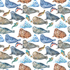 North sea seamless pattern with walrus, seal, fur seal, sea elephant, manatee, iceberg and fishes.