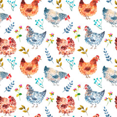 Cute Chickens watercolor seamless pattern