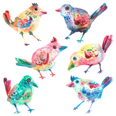 Set of Colorful abstract  birds watercolor hand drawn illustration isolated on white.