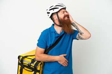 Young reddish caucasian man with thermal backpack isolate don white background smiling a lot