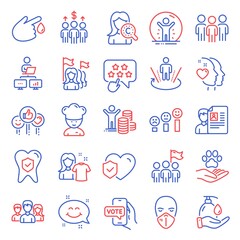 People icons set. Included icon as Pets care, Like, Ranking star signs. Life insurance, Feminism, Meeting symbols. Customer satisfaction, Blood donation, Group. Dental insurance, Work home. Vector