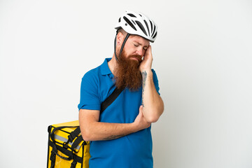 Young reddish caucasian man with thermal backpack isolate don white background with headache