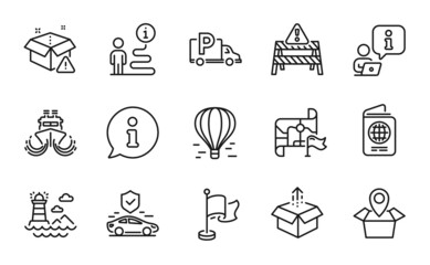 Transportation icons set. Included icon as Send box, Lighthouse, Air balloon signs. Destination flag, Flag, Truck parking symbols. Delivery warning, Ship, Warning road. Passport. Vector