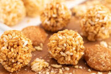 Indian Winter Delicacy Lai Laddu Gajak Or Kurmura Laai Ke Ladoo Made Of Puffed Rice Parmal Murmura Mixed With Jaggery Syrup Gur Chasni Or Gud Ki Chashni Is Mostly Enjoyed On Makar Sankranti And Lohri