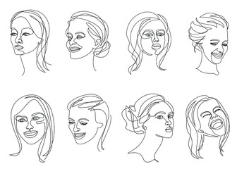 Collection. Silhouettes of a girl's head in a modern one line style. Continuous line drawing, aesthetic outline for home decor, posters, wall art, stickers, logo. Vector illustration set.