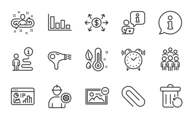 Business icons set. Included icon as Hair dryer, Alarm clock, Paper clip signs. Histogram, Seo statistics, Dollar exchange symbols. Group people, Thermometer, Recruitment. Remove image. Vector