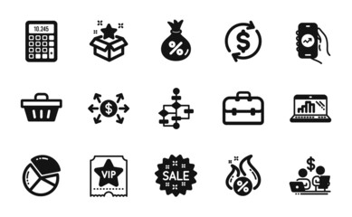 Vector set of Shopping basket, Hot loan and Budget accounting icons simple set. Pie chart, Portfolio and Vip ticket icons. Financial app, Dollar exchange and Usd exchange signs. Vector