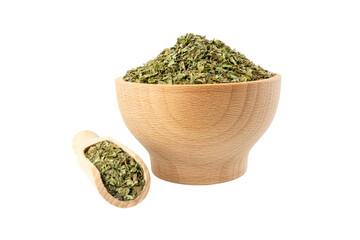 Fototapeta na wymiar Dried Lemon balm (Melissa officinalis) herb in wooden bowl and scoop isolated on white background.