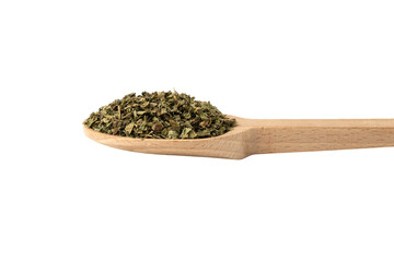 Dried Lemon balm (Melissa officinalis) herb on wooden spoon isolated on white background.