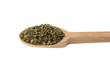 Dried Lemon balm (Melissa officinalis) herb on wooden spoon isolated on white background.