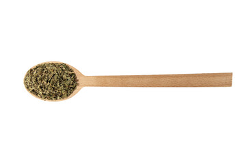Dried Lemon balm (Melissa officinalis) herb on wooden spoon isolated on white background.