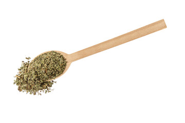 Dried Lemon balm (Melissa officinalis) herb on wooden spoon isolated on white background.