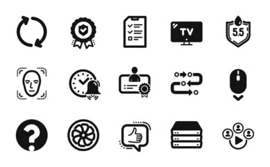 Vector set of Ph neutral, Tv and Fan engine icons simple set. Scroll down, Face detection and Servers icons. Video conference, Refresh and Alarm bell signs. Ph neutral simple web symbol. Vector