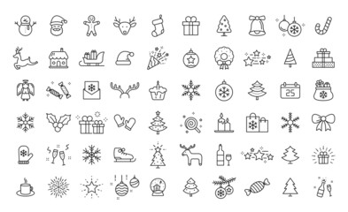 Set of 60 Christmas icons. Merry Christmas and Happy New Year. Collection xmas icons. Winter, santa, tree, presents, snowflakes, holiday. Vector illustration.