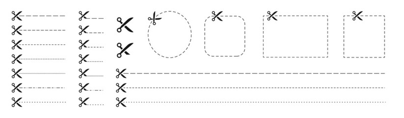 Set of Scissors and coupon, cut template and dashed line. Black icons. Gift Coupon element template, graphics design. Voucher promo code. Shopping, food and drink, business. Vector illustration.Web