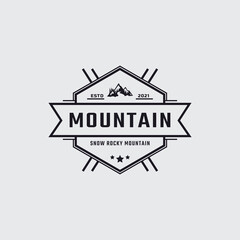 Vintage Classic Emblem Badge Ice Snow Rocky Mountain Symbol. Creek River Mount Peak Hill Nature Landscape view Logo Design Inspiration