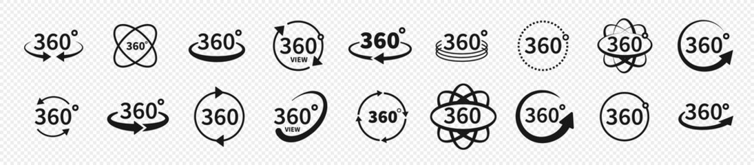 Set of 360 degree views of vector circle icons set isolated from the background. Signs with arrows to indicate the rotation or panoramas to 360 degrees. Vector illustration. - obrazy, fototapety, plakaty