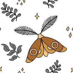 Magic butterfly pattern with branches and stars, vector illustrations isolated on white. Witchcraft esoteric symbols, magician boho collection, mystery celestial moth and leaves in doodle style