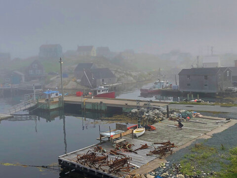 Peggy's Cove fishing boats in the morning fog