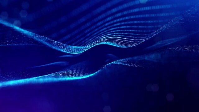 3d looped bg data flow concept, sci-fi background digital space. Blue high tech field with glow particles form lines and surface waves. Hi-tech information flow, blockchain, bigdata visualization. DOF