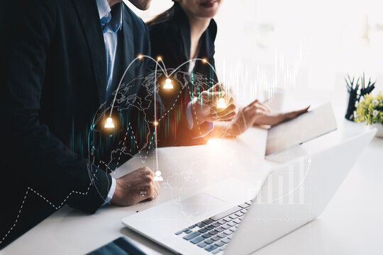 Businessman and partners discuss about financial and digital asset technology with network diagram. Fintech, cryptocurrency, DeFi, Stake, Block chain concept.