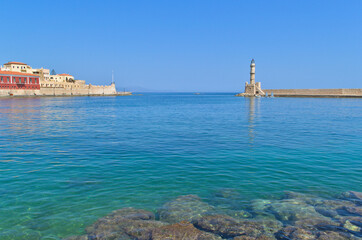 Beautiful view from the embankment to the old town of Chania in Greece