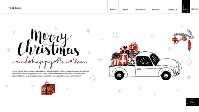 Vector illustration of a landing, home page layout with lettering. Drawn design of site with truck, gift boxes in the trailer, buttons is depicted. Concept Christmas, New Year, celebration.