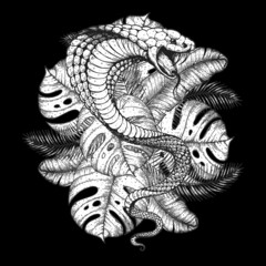 Cobra snake and palm leaves hand drawn illustration. Tattoo vintage print. Hand drawn print. Tattoo design. Sketch illustration. Tropical print.