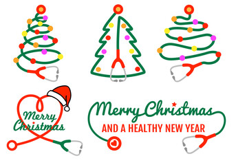 Christmas card with stethoscope tree for doctor, nurse, health worker, vector set