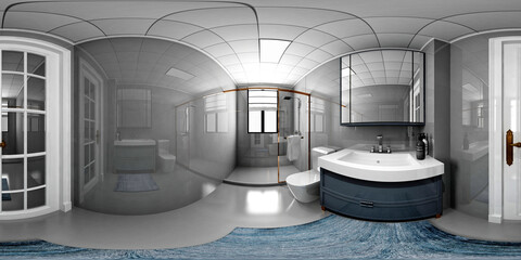 360 degrees virtual reality view bathroom  3d rendering - obrazy, fototapety, plakaty