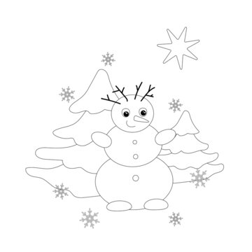 Snowman with Christmas tree, star, snowflakes. Coloring page. Winters coloring book for kids.